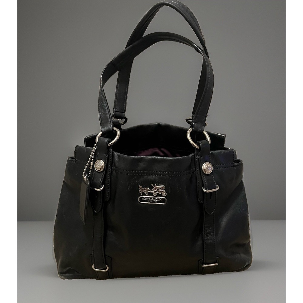 COACH Black Madison Mia Soft Y2K LEATHER TOTE-15409 W/Purple Satin Lining.